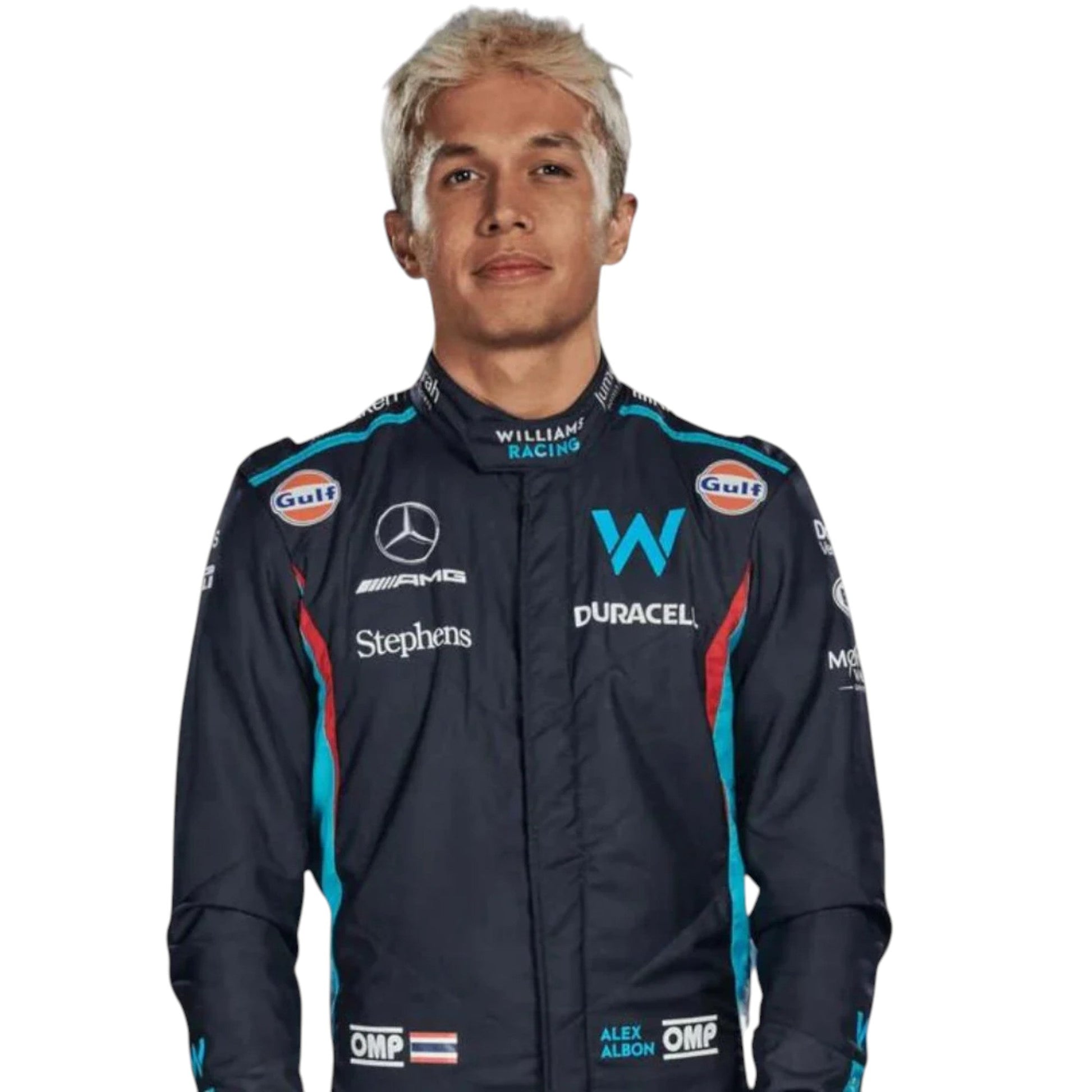 Alexander Albon 2023 Williams F1 race suit in dark navy with light blue accents and sponsor branding