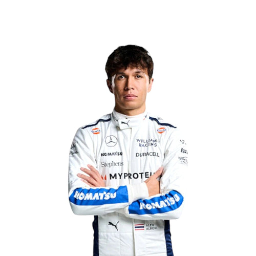Alexander Albon 2024 Williams F1 race suit in blue and white with sponsor branding