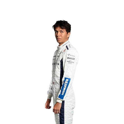 Alexander Albon 2024 Williams F1 race suit in blue and white with sponsor branding