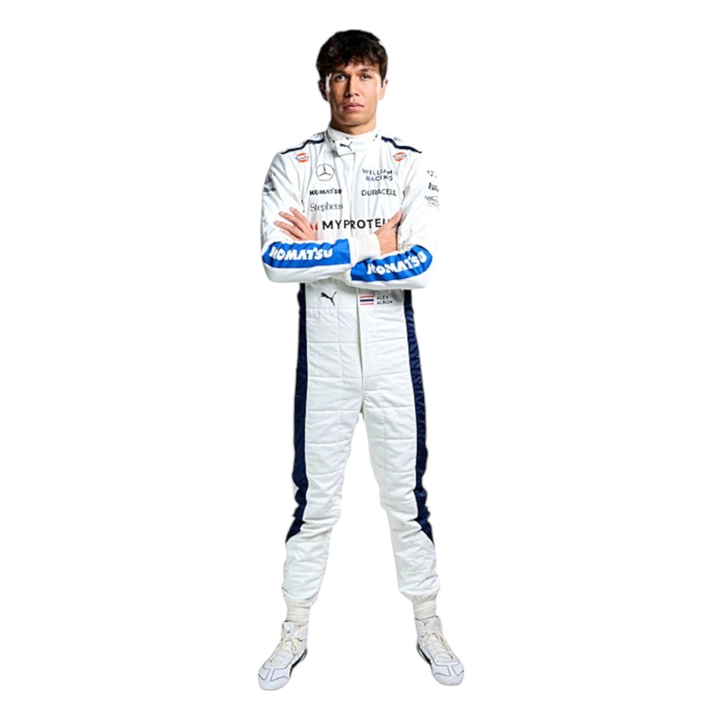 Alexander Albon 2024 Williams F1 race suit in blue and white with sponsor branding