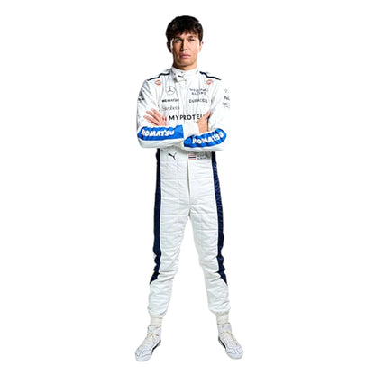 Alexander Albon 2024 Williams F1 race suit in blue and white with sponsor branding