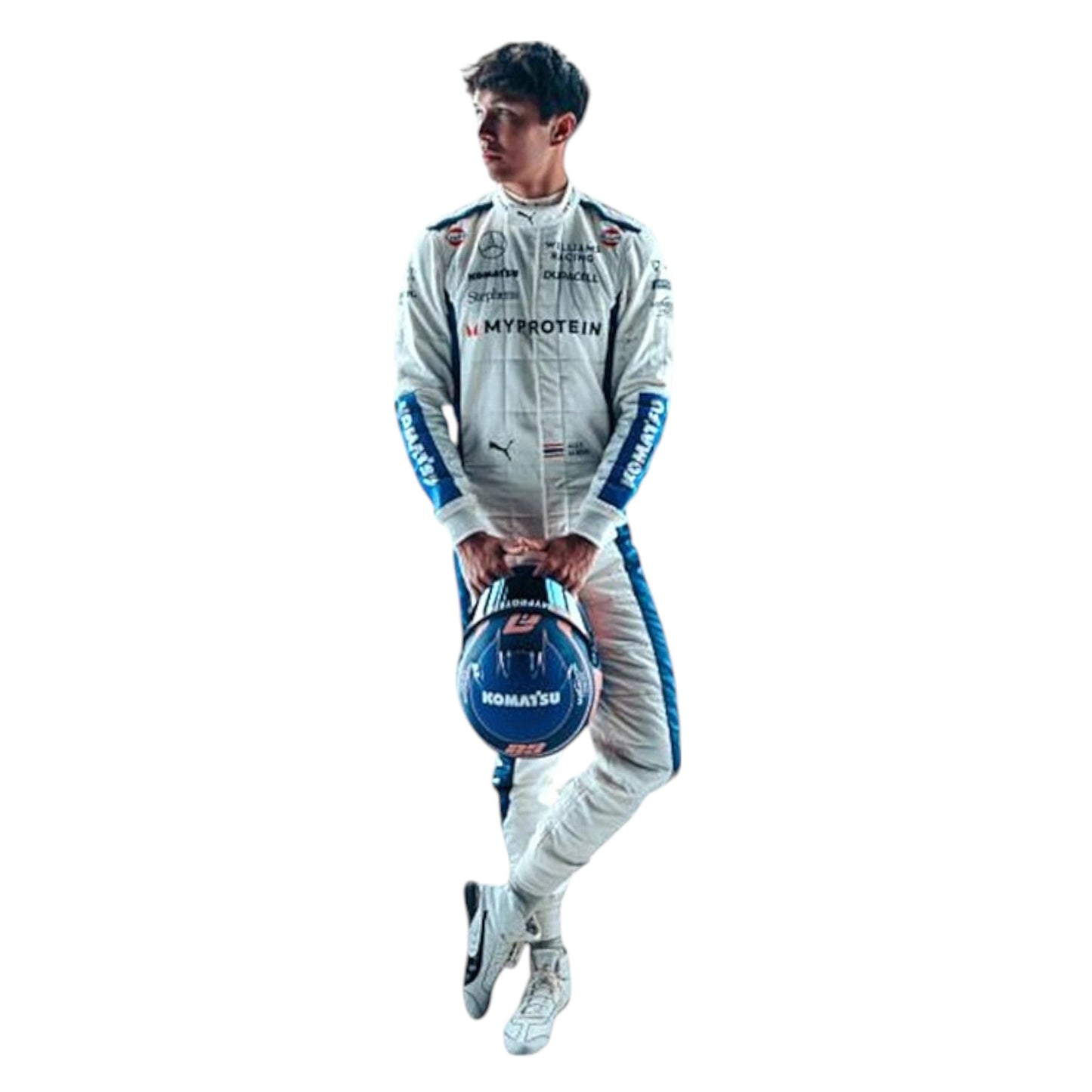 Alexander Albon 2024 Williams F1 race suit in blue and white with sponsor branding