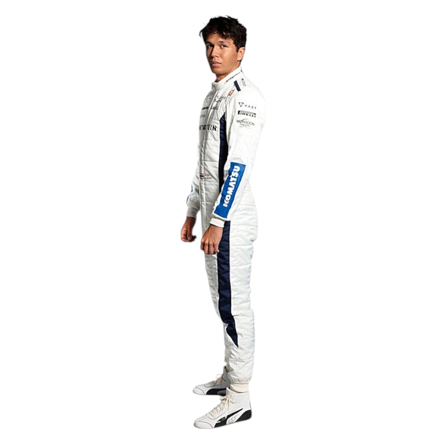 Alexander Albon 2024 Williams F1 race suit in blue and white with sponsor branding