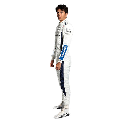 Alexander Albon 2024 Williams F1 race suit in blue and white with sponsor branding
