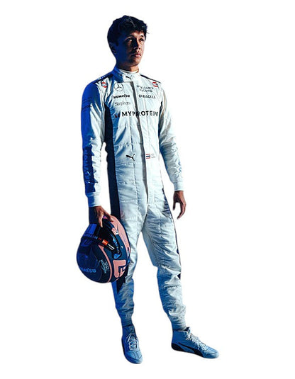 Alexander Albon 2024 Williams F1 race suit in blue and white with sponsor branding