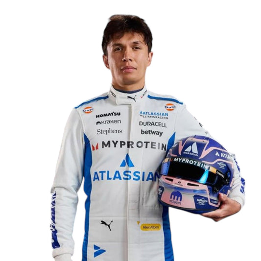 Alexander Albon 2025 Williams F1 race suit in white and blue with sponsor branding