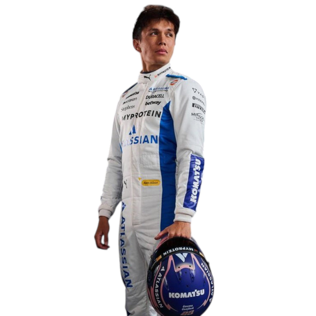 Alexander Albon 2025 Williams F1 race suit in white and blue with sponsor branding
