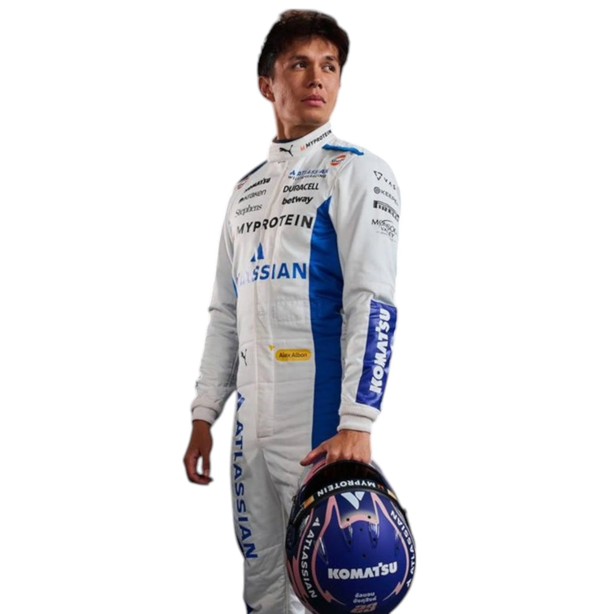 Alexander Albon 2025 Williams F1 race suit in white and blue with sponsor branding