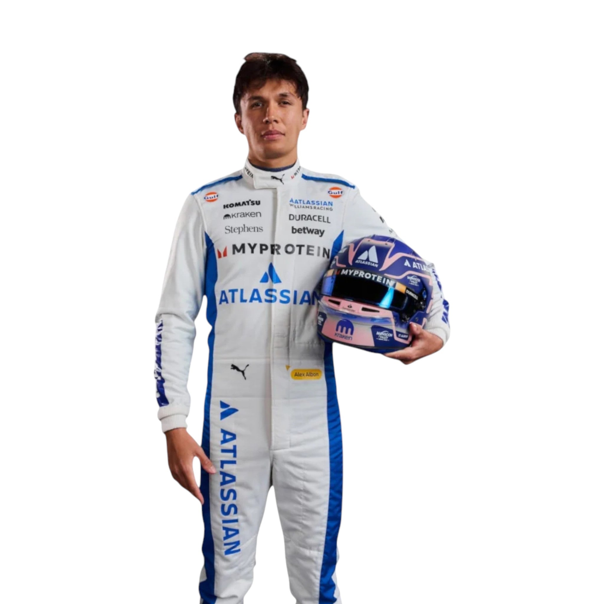 Alexander Albon 2025 Williams F1 race suit in white and blue with sponsor branding