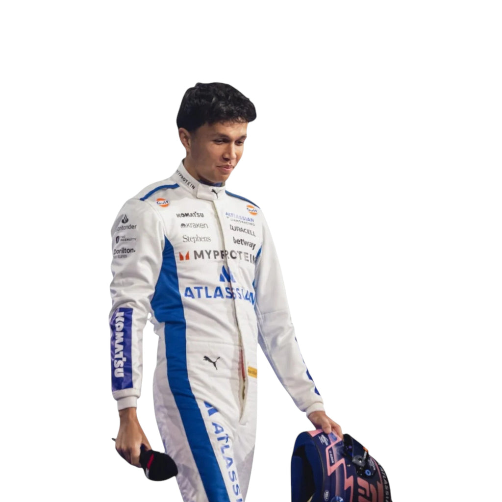 Alexander Albon 2025 Williams F1 race suit in white and blue with sponsor branding