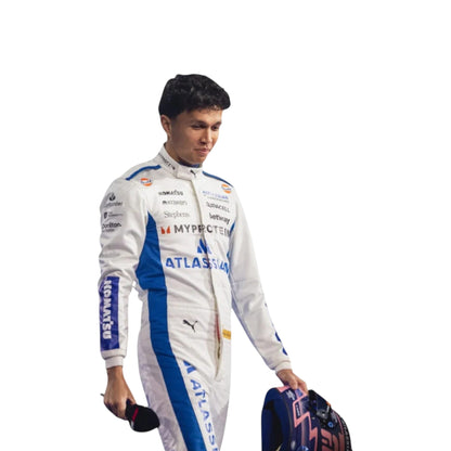 Alexander Albon 2025 Williams F1 race suit in white and blue with sponsor branding