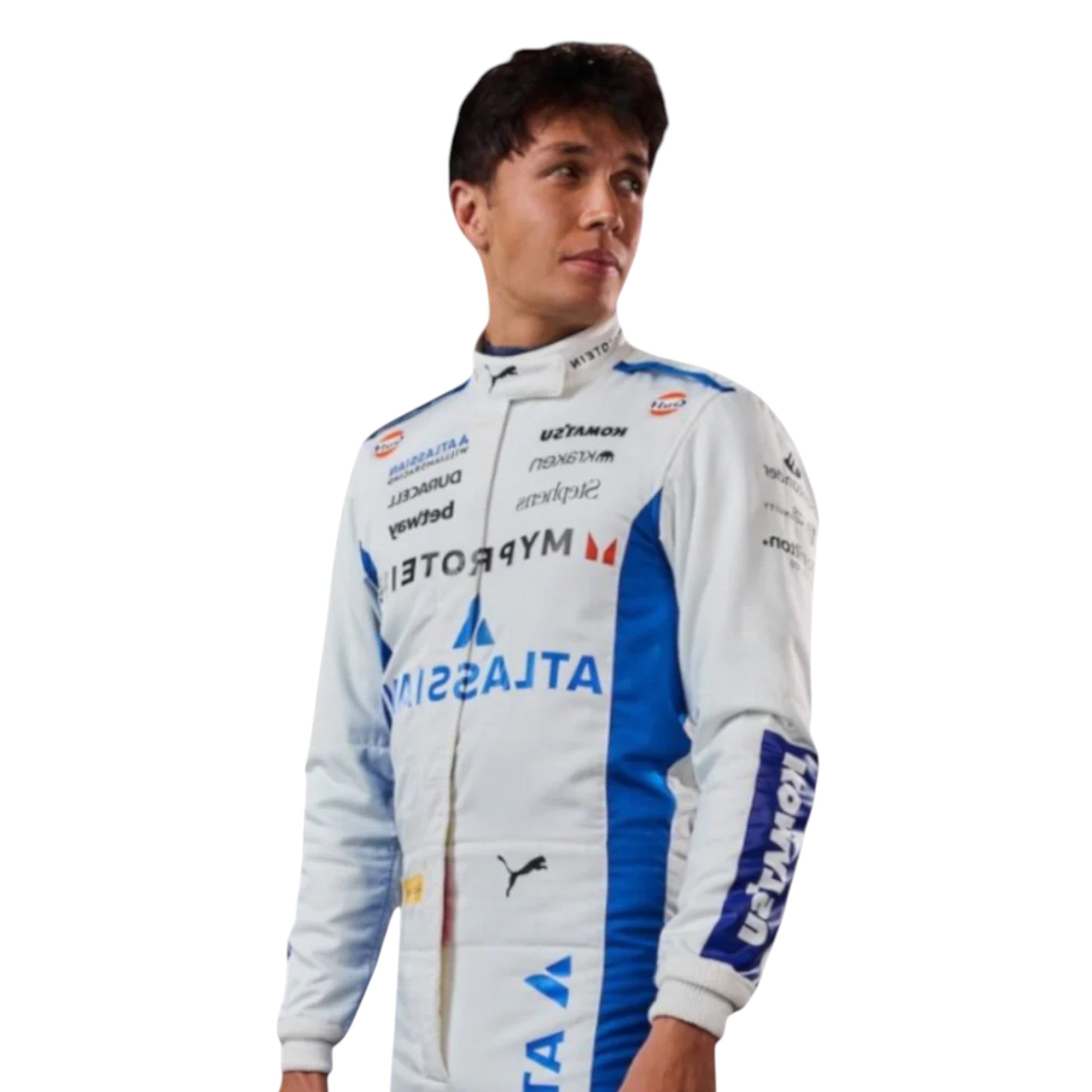 Alexander Albon 2025 Williams F1 race suit in white and blue with sponsor branding