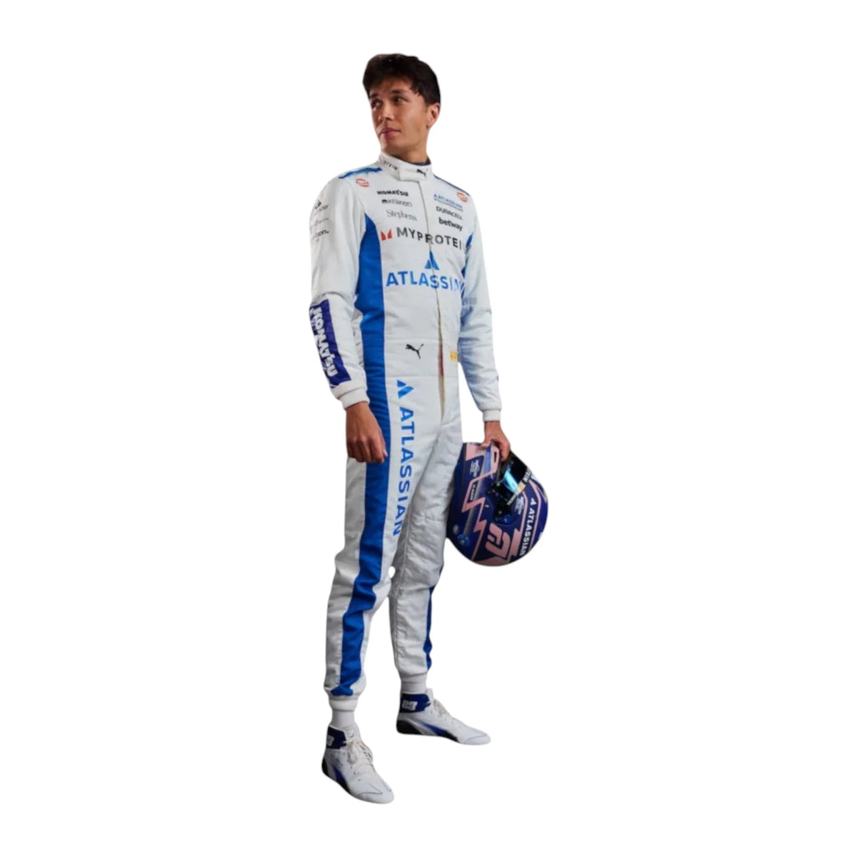 Alexander Albon 2025 Williams F1 race suit in white and blue with sponsor branding