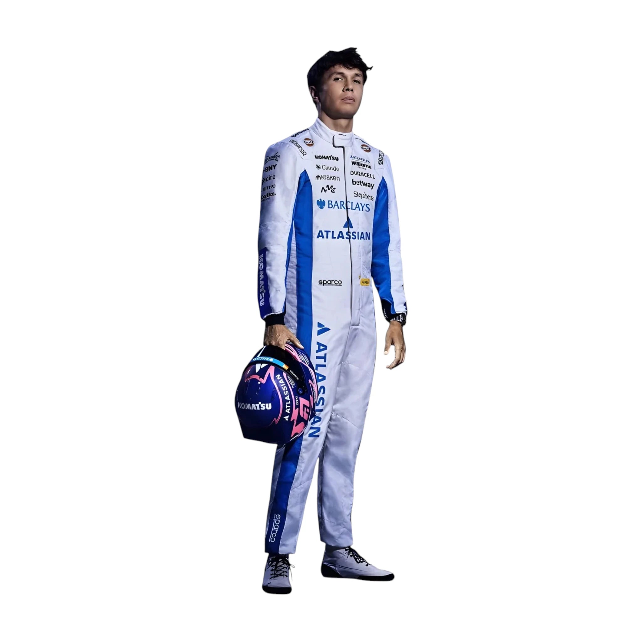 Alexander Albon 2026 Williams F1 race suit in white and blue with sponsor logos