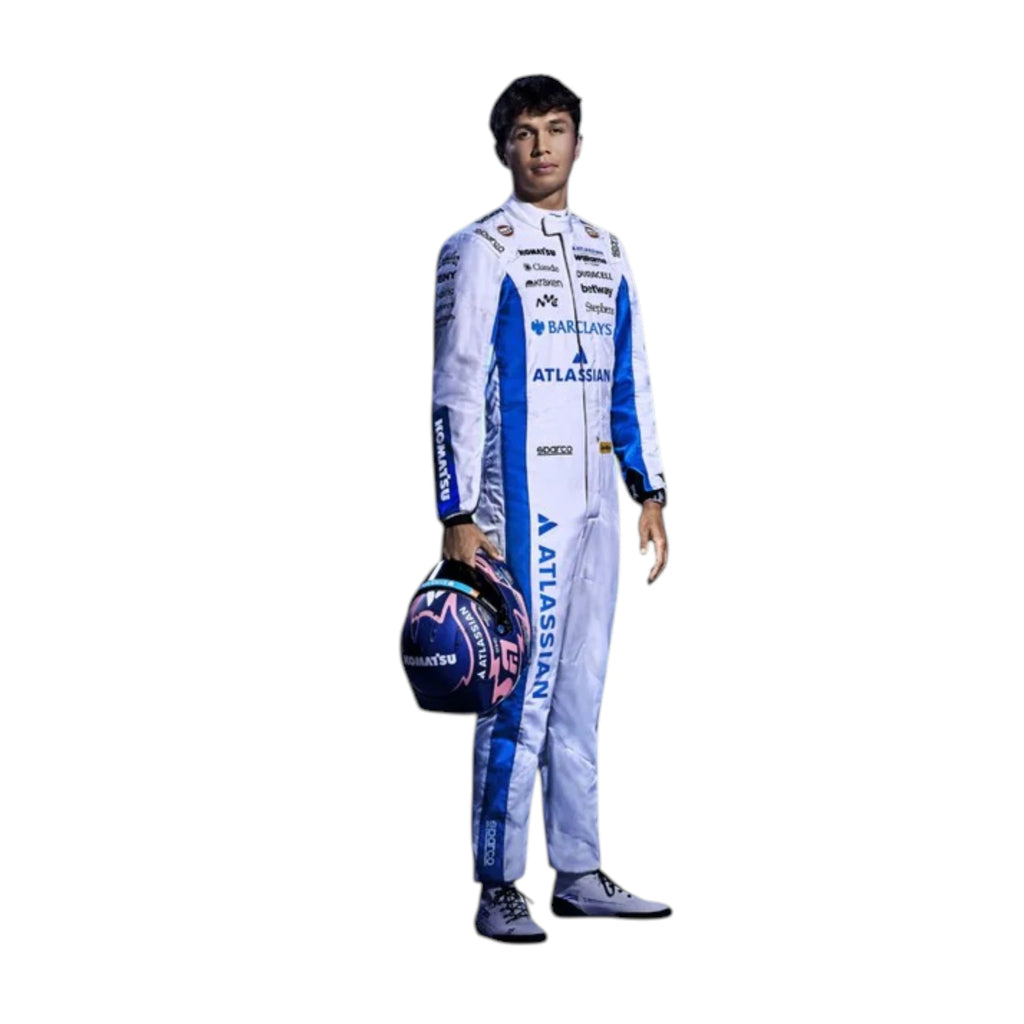 Alexander Albon 2026 Williams F1 race suit in white and blue with sponsor logos