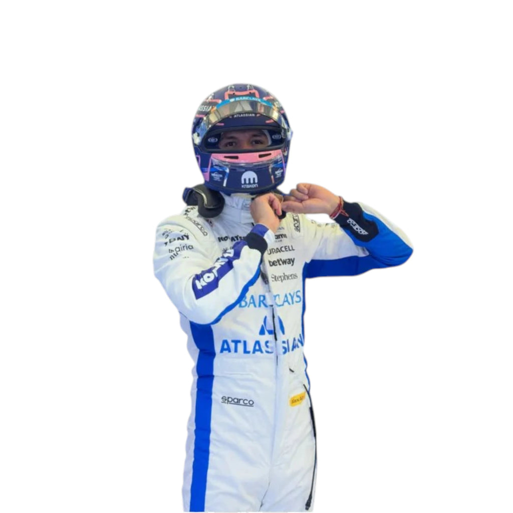 Alexander Albon 2026 Williams F1 race suit in white and blue with sponsor logos