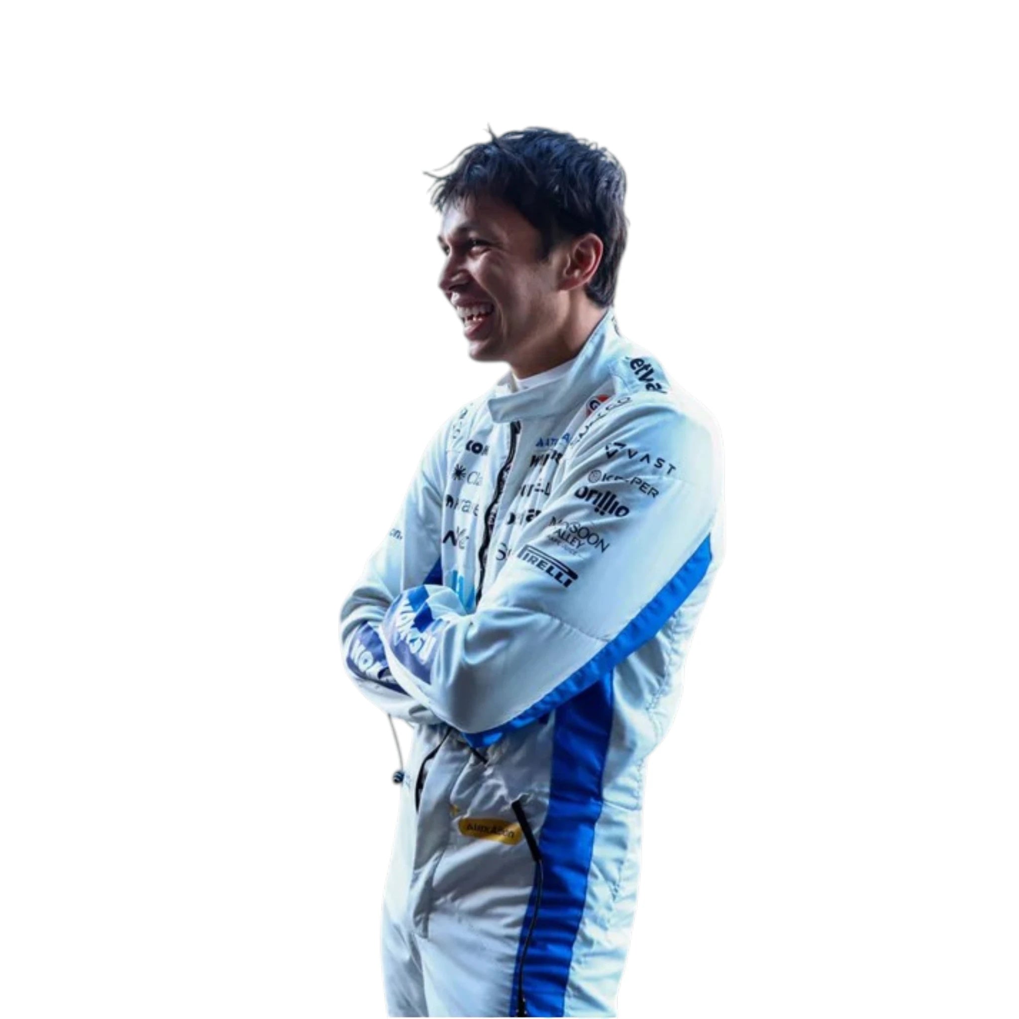 Alexander Albon 2026 Williams F1 race suit in white and blue with sponsor logos