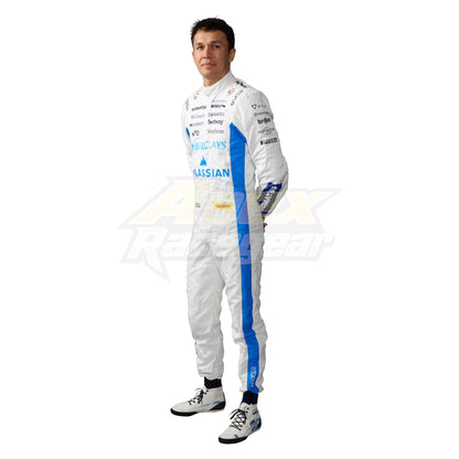 Alexander Albon 2026 Williams F1 race suit in white and blue with sponsor logos