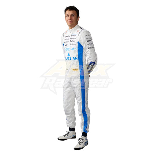 Alexander Albon 2026 Williams F1 race suit in white and blue with sponsor logos
