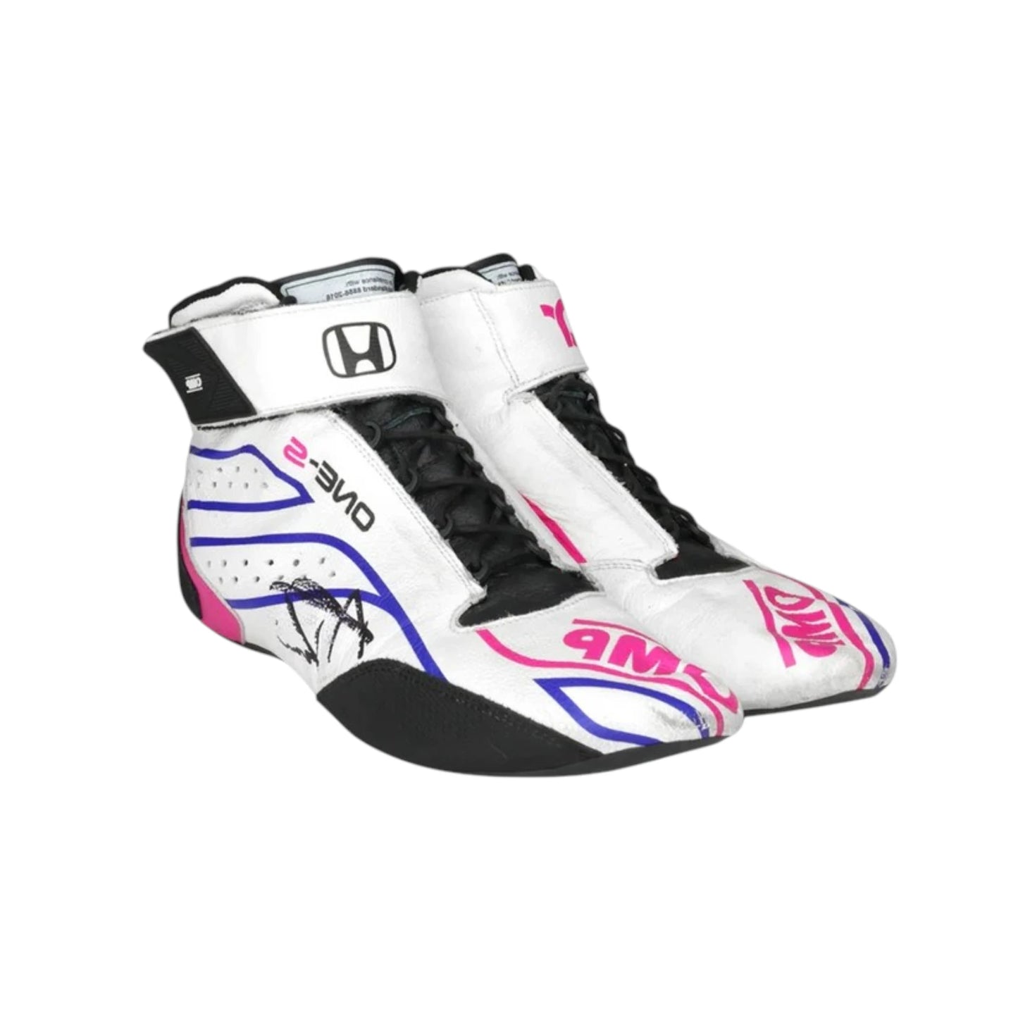 Alexander Rossi 2022 OMP One-S Gallagher GP racing shoes featuring white, pink, blue and black OMP styling with Gallagher Grand Prix detailing