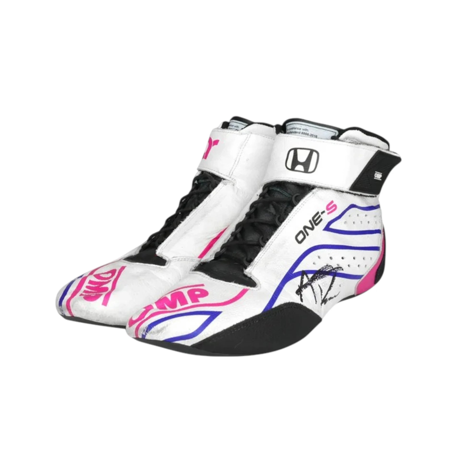 Alexander Rossi 2022 OMP One-S Gallagher GP racing shoes featuring white, pink, blue and black OMP styling with Gallagher Grand Prix detailing