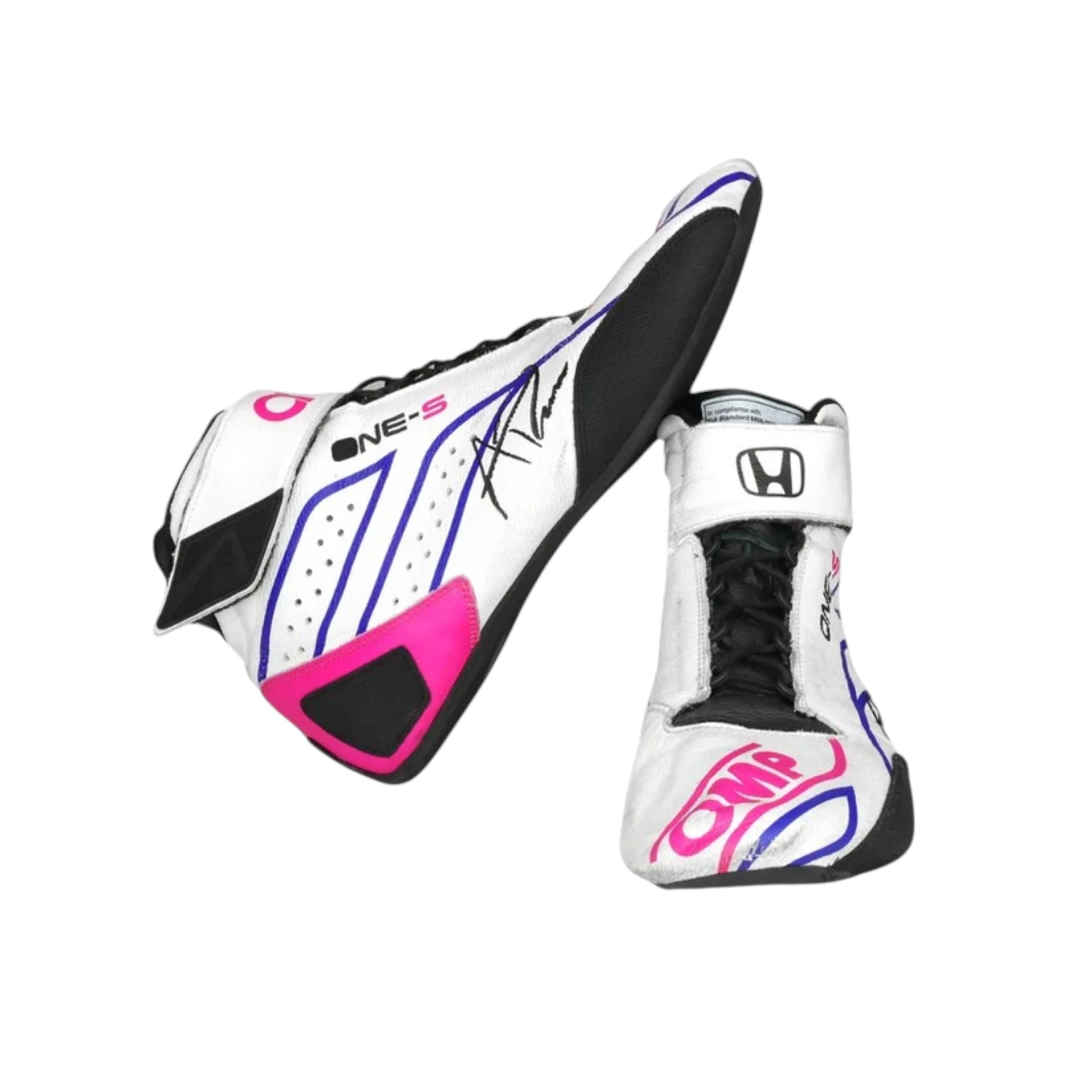 Alexander Rossi 2022 OMP One-S Gallagher GP racing shoes featuring white, pink, blue and black OMP styling with Gallagher Grand Prix detailing