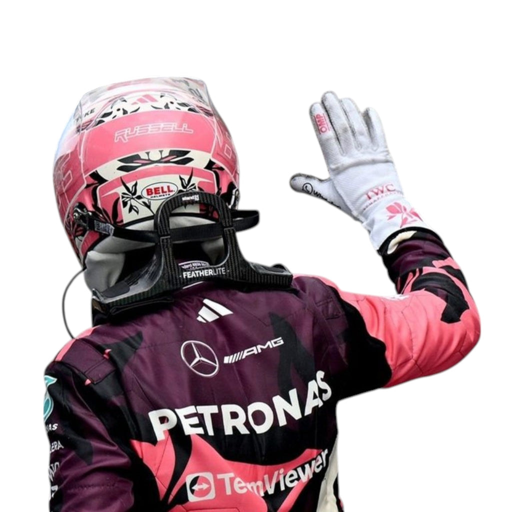Kimi Antonelli 2025 Mercedes-AMG Miami GP F1 race suit in maroon and orange with sponsor branding