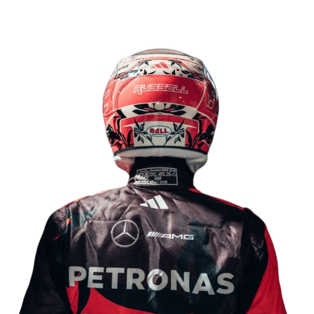 Kimi Antonelli 2025 Mercedes-AMG Miami GP F1 race suit in maroon and orange with sponsor branding