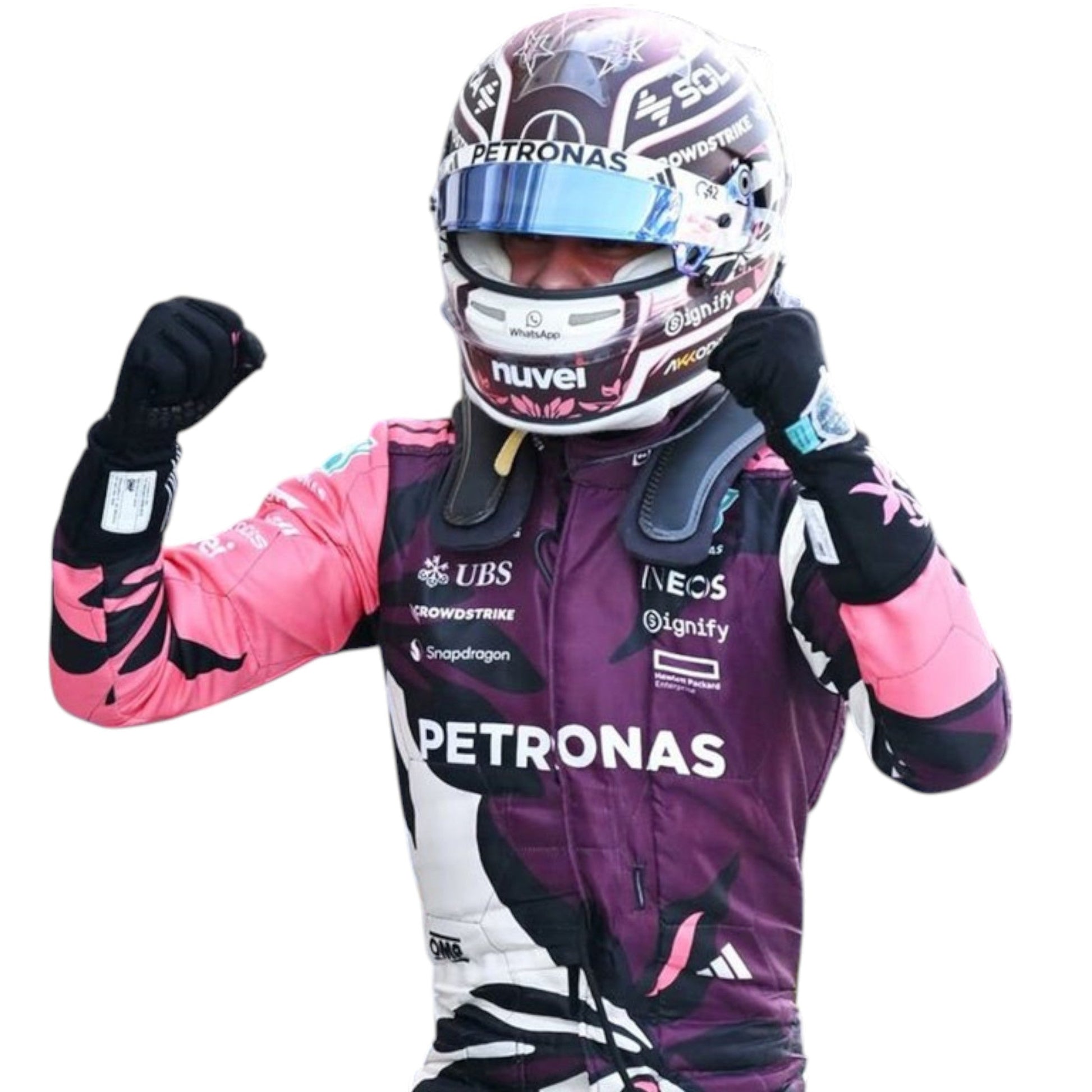 Kimi Antonelli 2025 Mercedes-AMG Miami GP F1 race suit in maroon and orange with sponsor branding