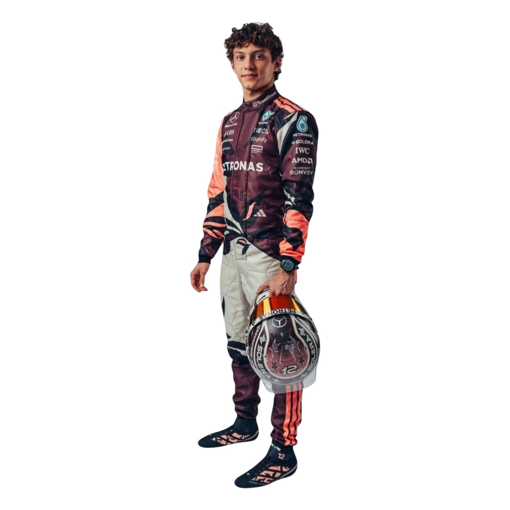 Kimi Antonelli 2025 Mercedes-AMG Miami GP F1 race suit in maroon and orange with sponsor branding