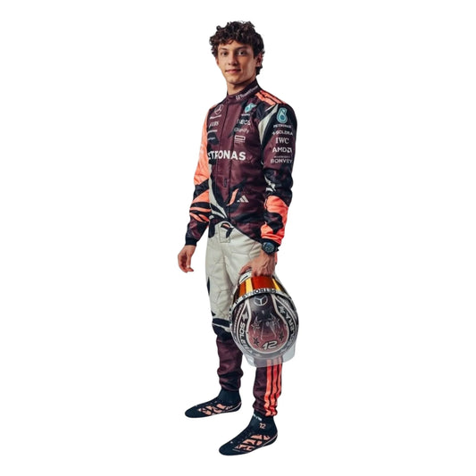 Kimi Antonelli 2025 Mercedes-AMG Miami GP F1 race suit in maroon and orange with sponsor branding