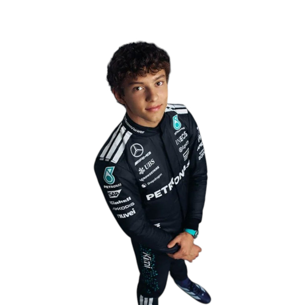 Andrea Kimi Antonelli 2025 Mercedes-AMG Petronas F1 race suit in black with teal accents and sponsor branding