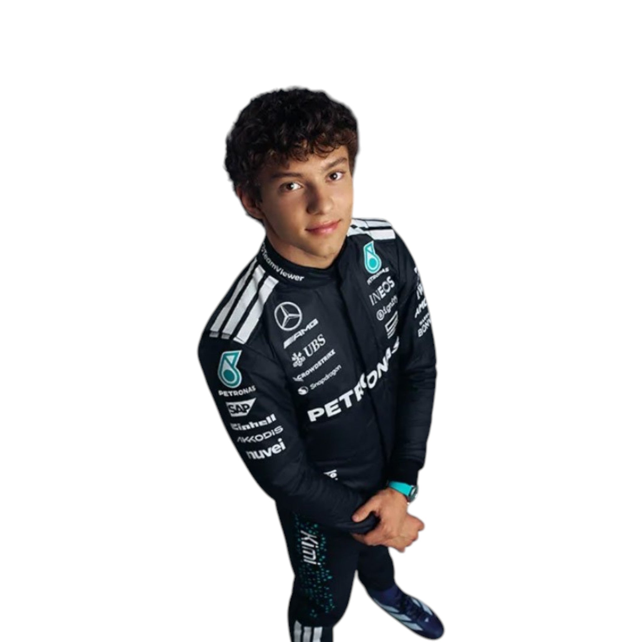 Andrea Kimi Antonelli 2025 Mercedes-AMG Petronas F1 race suit in black with teal accents and sponsor branding