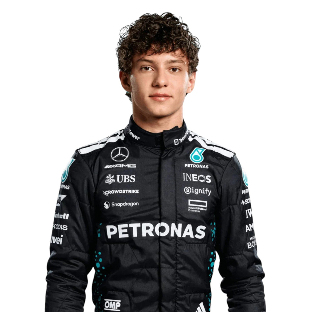 Andrea Kimi Antonelli 2025 Mercedes-AMG Petronas F1 race suit in black with teal accents and sponsor branding