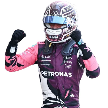 Kimi Antonelli 2025 Mercedes Miami GP F1 race suit in maroon and orange with sponsor branding