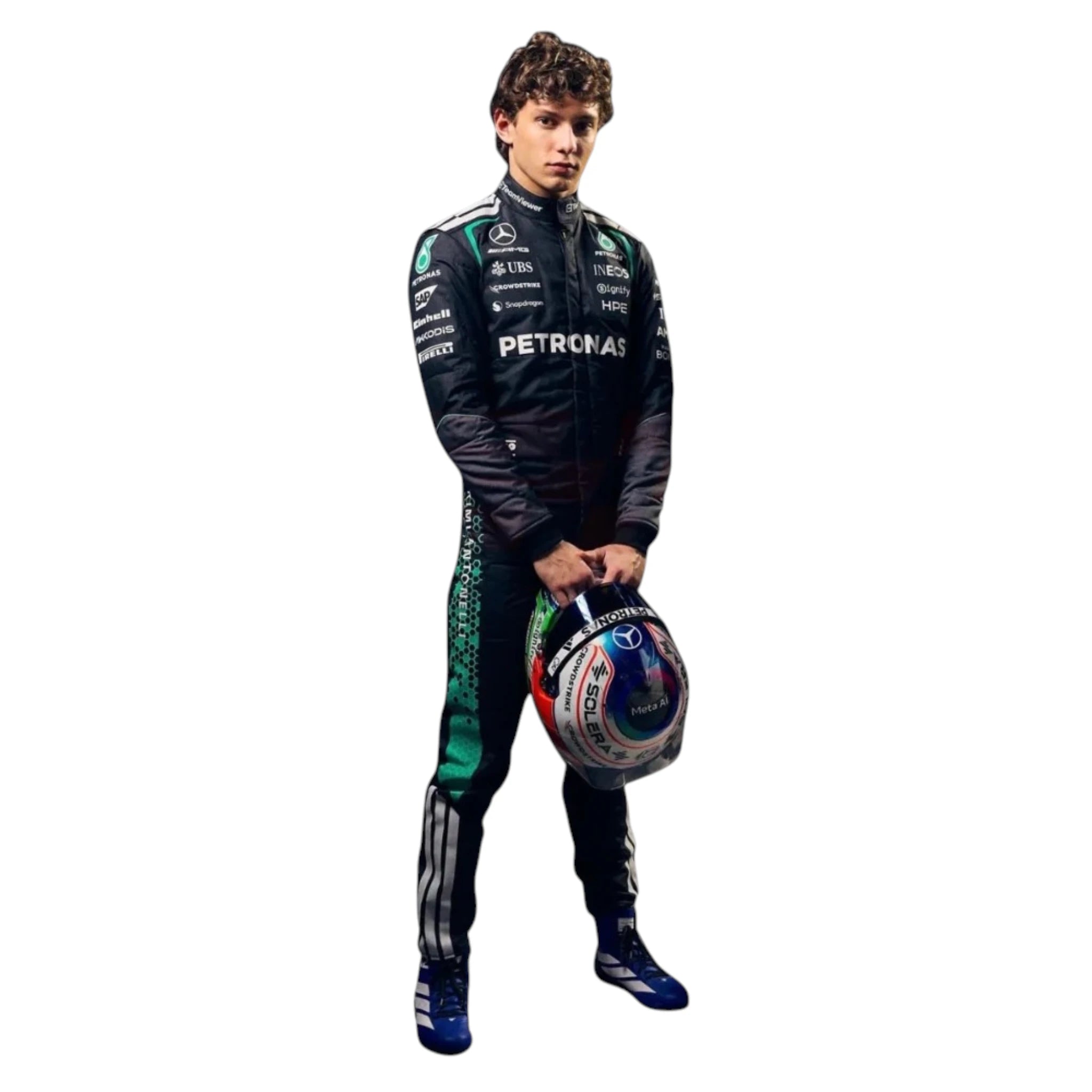 Andrea Kimi Antonelli 2026 Mercedes AMG Petronas F1 race suit in black with turquoise accents featuring sponsor logos