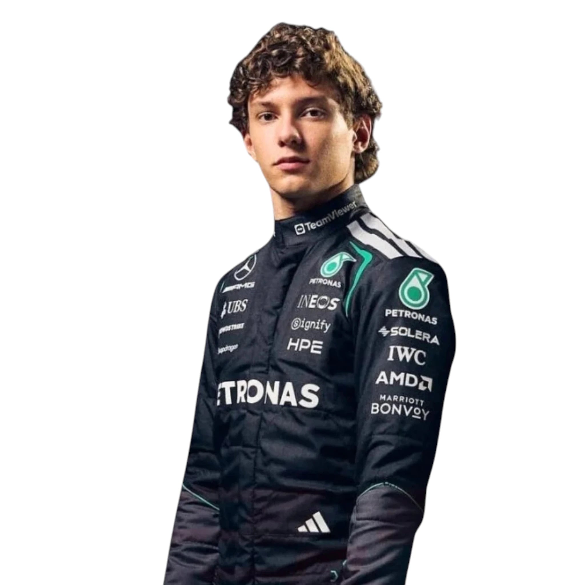 Andrea Kimi Antonelli 2026 Mercedes AMG Petronas F1 race suit in black with turquoise accents featuring sponsor logos