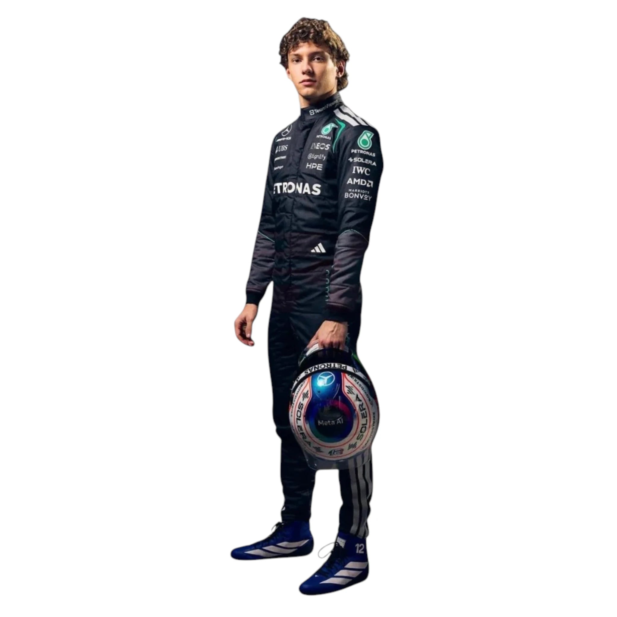 Andrea Kimi Antonelli 2026 Mercedes AMG Petronas F1 race suit in black with turquoise accents featuring sponsor logos