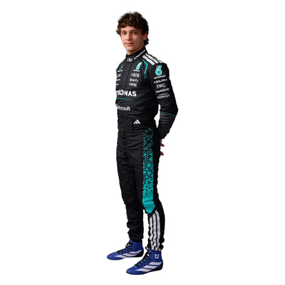 Andrea Kimi Antonelli 2026 Mercedes AMG Petronas F1 race suit in black with turquoise accents featuring sponsor logos