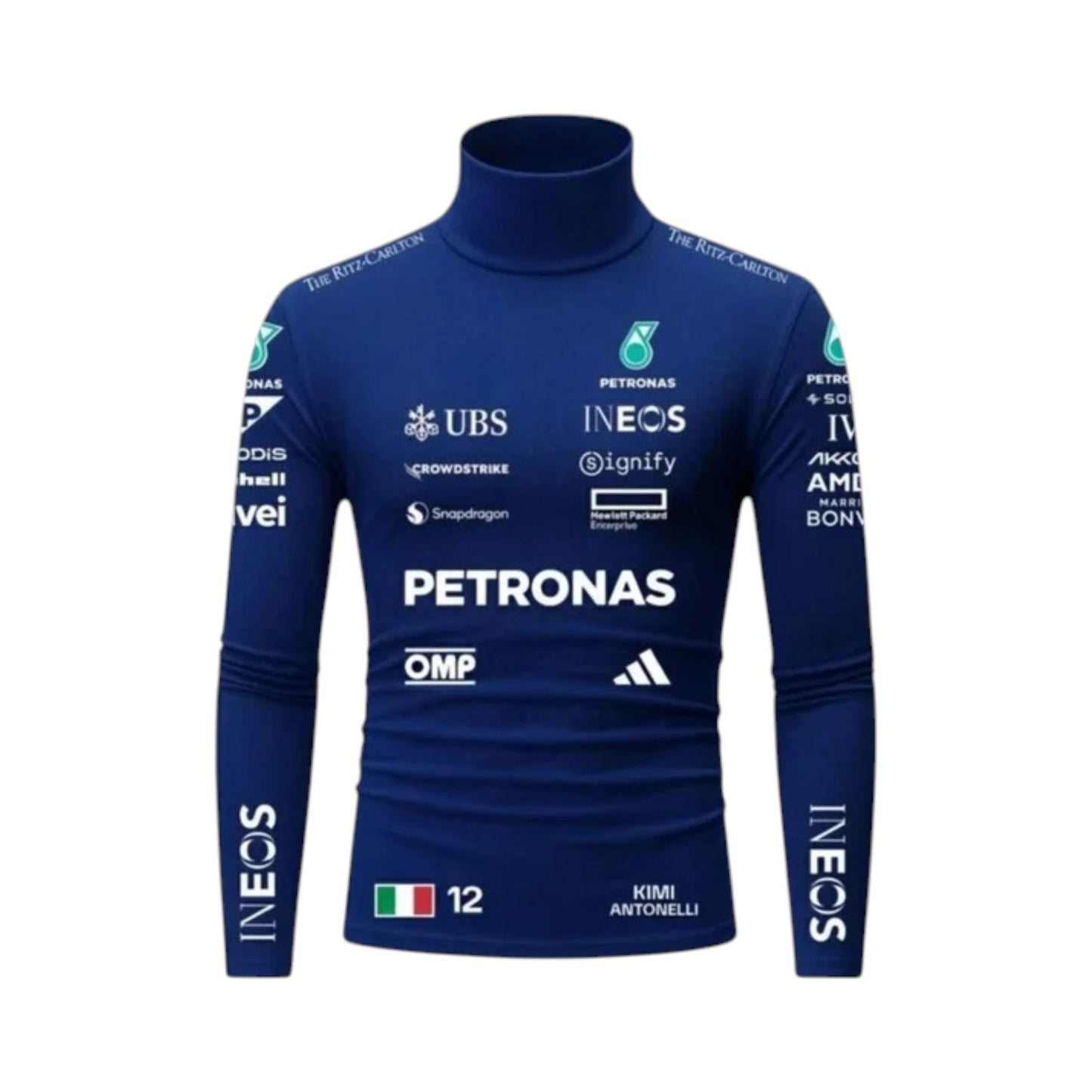 Andrea Kimi Antonelli 2026 Mercedes-AMG Petronas F1 Undershirt in blue with authentic Mercedes-AMG Petronas sponsor logos and long sleeve performance design