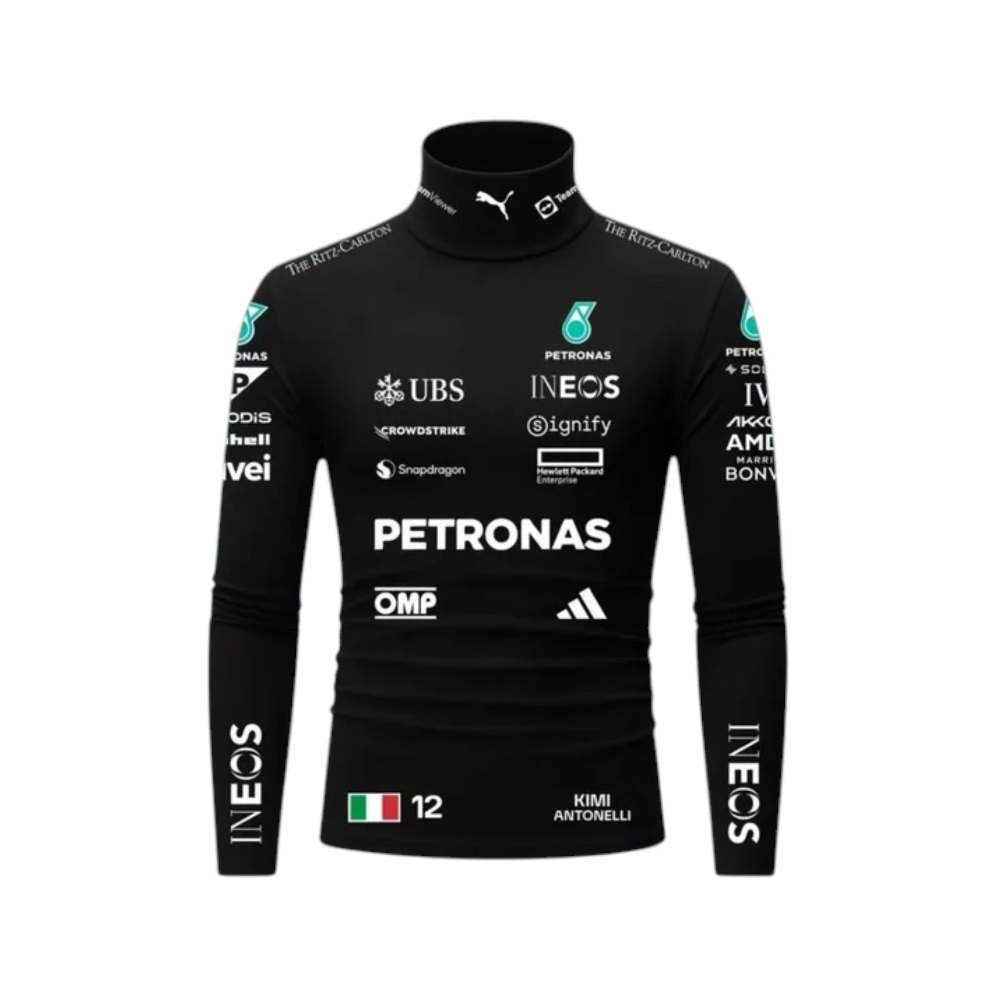 Andrea Kimi Antonelli 2026 Mercedes-AMG Petronas F1 Undershirt in black with authentic Mercedes-AMG Petronas sponsor logos and long sleeve performance design