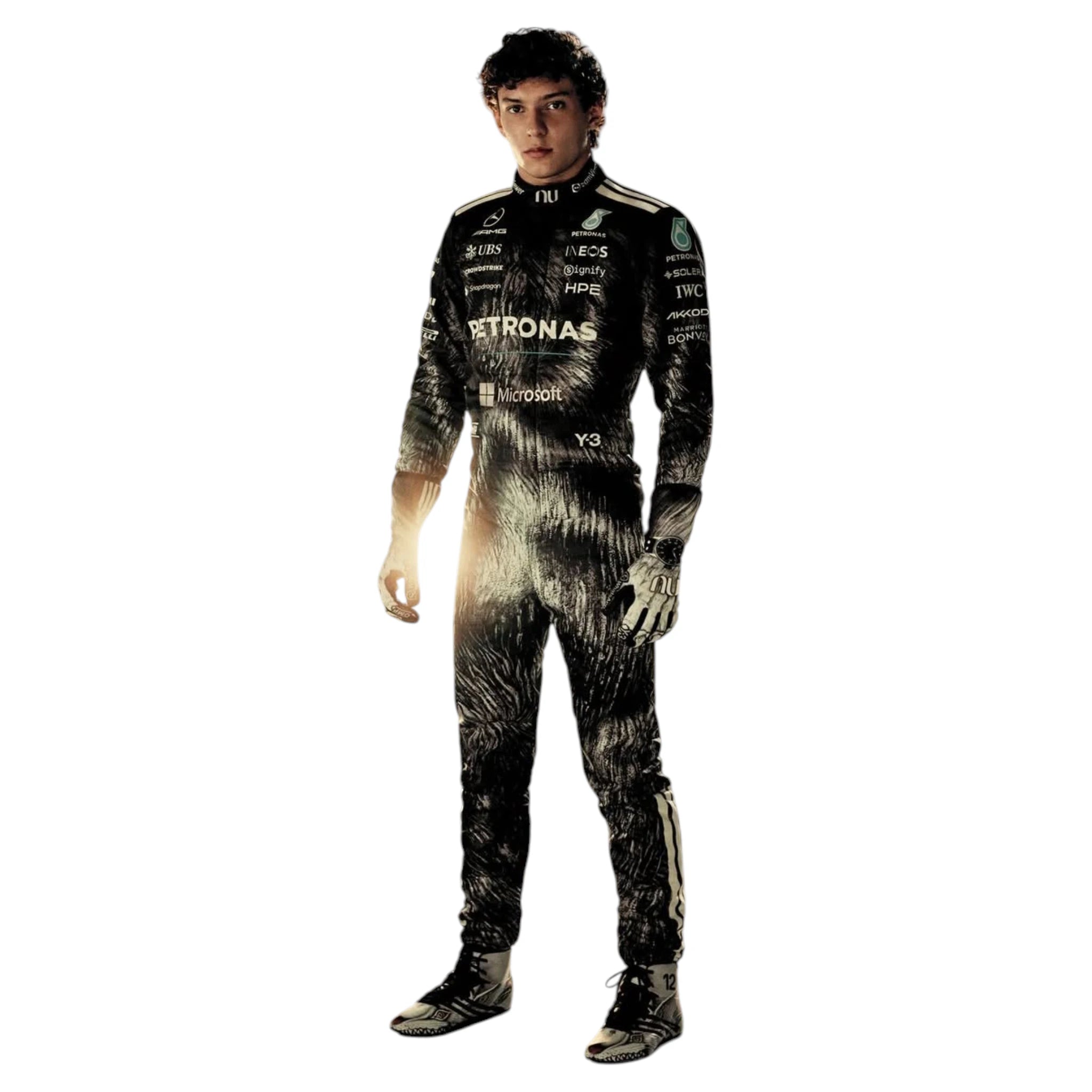 Andrea Kimi Antonelli 2026 Mercedes AMG Petronas Japanese GP F1 race suit in black with Japanese inspired graphics and sponsor logos