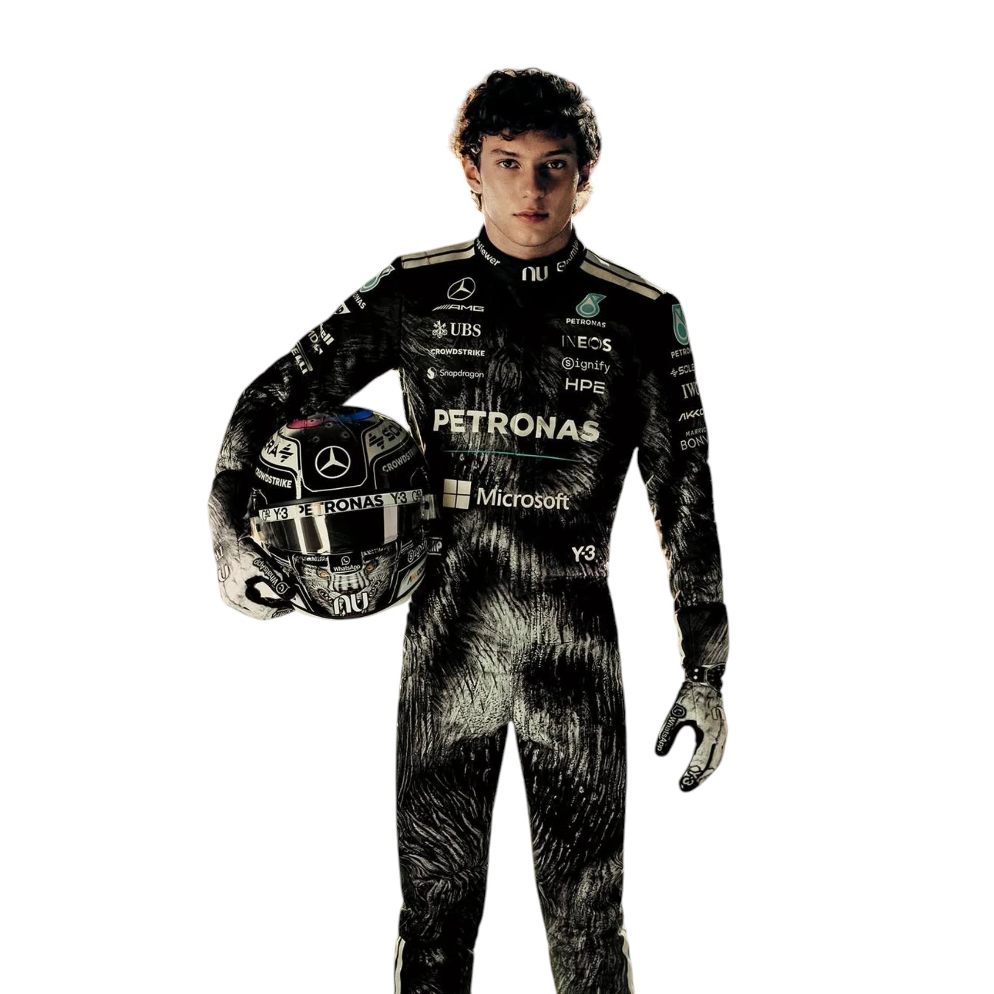 Andrea Kimi Antonelli 2026 Mercedes AMG Petronas Japanese GP F1 race suit in black with Japanese inspired graphics and sponsor logos