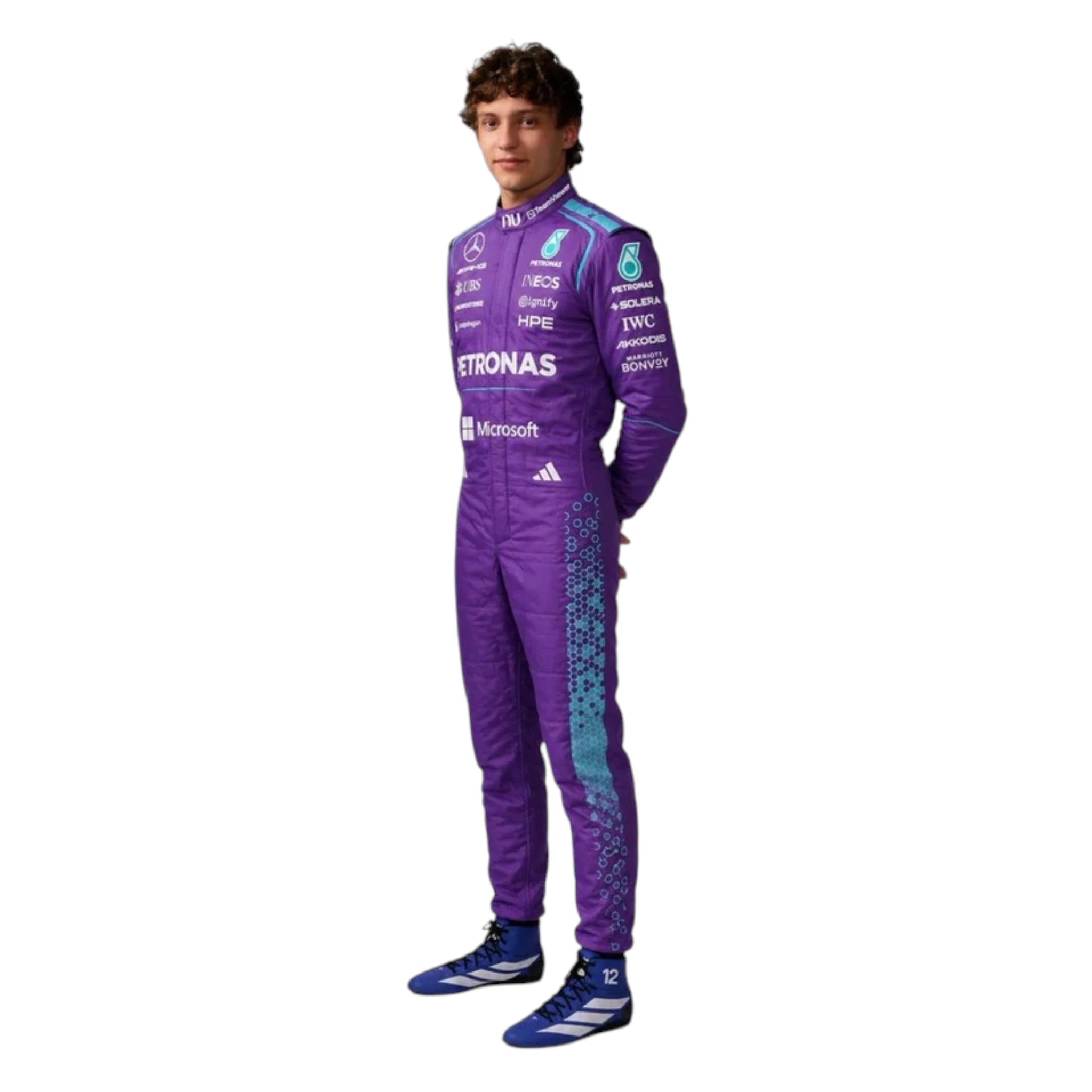 Andrea Kimi Antonelli 2025 Mercedes AMG Petronas Miami GP F1 race suit in purple with turquoise accents and sponsor logos