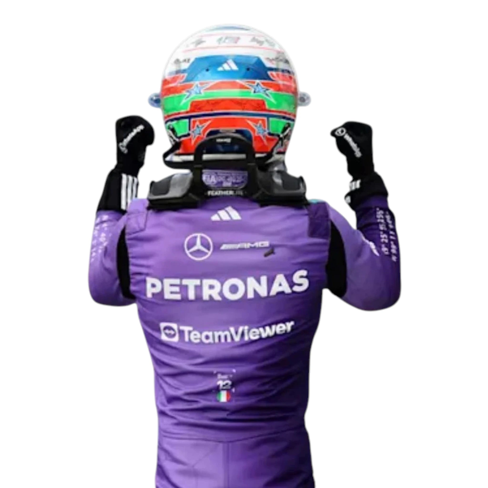 Andrea Kimi Antonelli 2025 Mercedes AMG Petronas Miami GP F1 race suit in purple with turquoise accents and sponsor logos