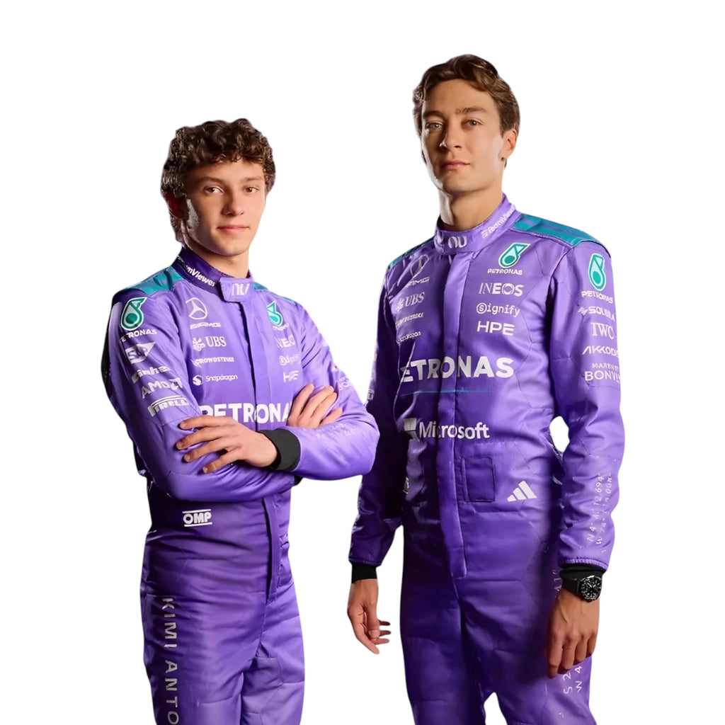 Andrea Kimi Antonelli 2025 Mercedes AMG Petronas Miami GP F1 race suit in purple with turquoise accents and sponsor logos