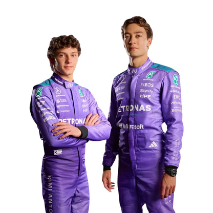 Andrea Kimi Antonelli 2026 Mercedes AMG Petronas Miami GP F1 race suit in purple with turquoise accents and sponsor logos