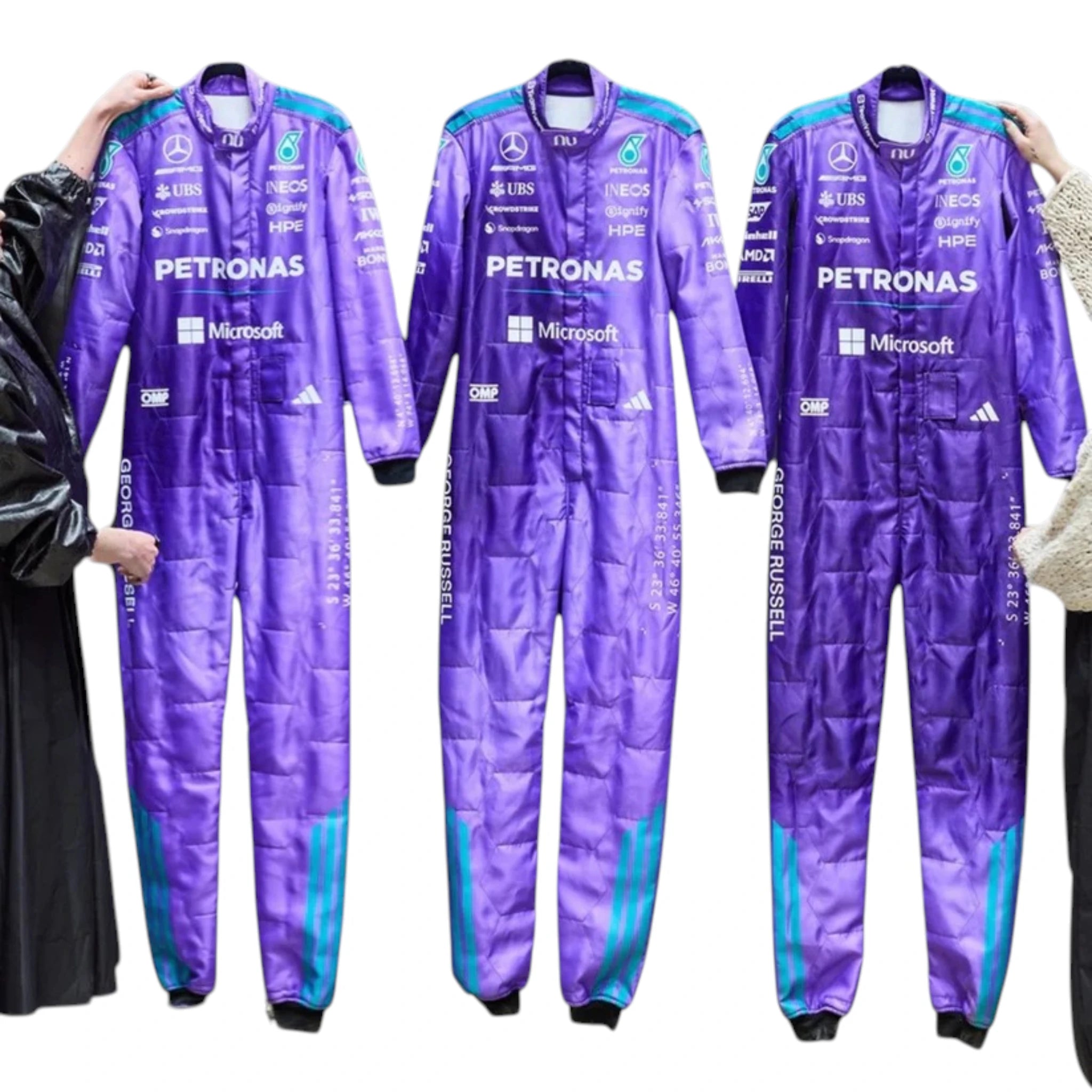 Andrea Kimi Antonelli 2025 Mercedes AMG Petronas Miami GP F1 race suit in purple with turquoise accents and sponsor logos