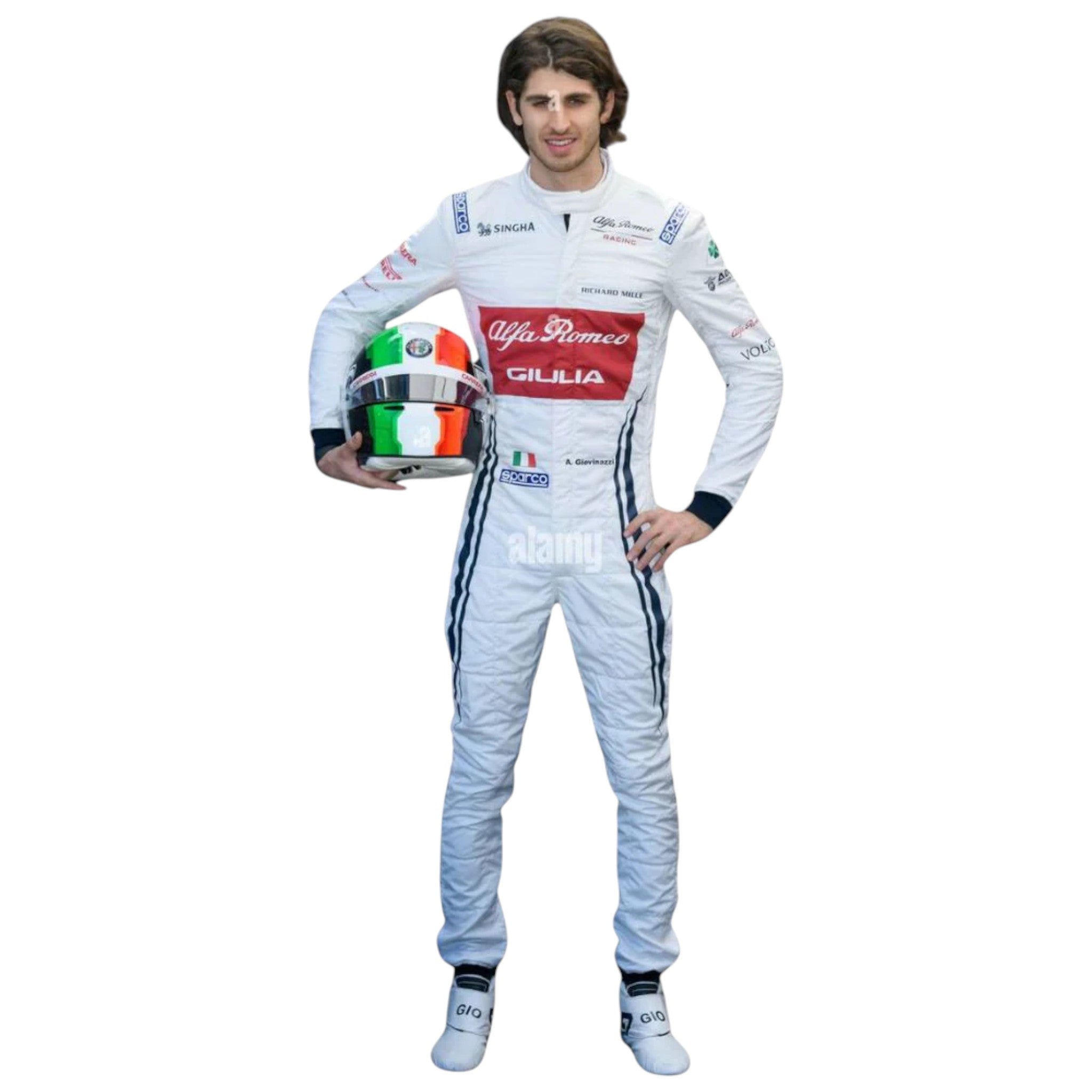 Antonio Giovinazzi 2019 Alfa Romeo F1 race suit in red white and black with sponsor logos