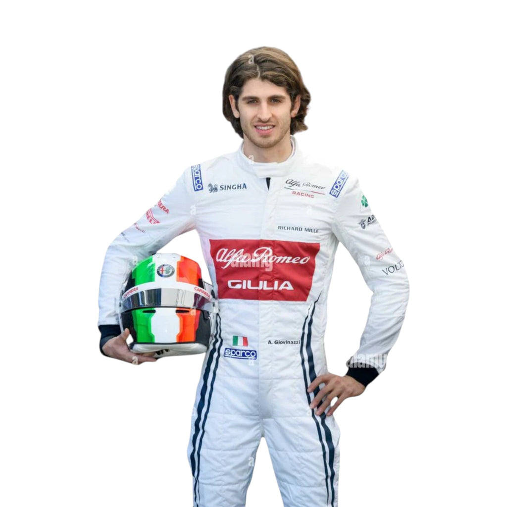 Antonio Giovinazzi 2019 Alfa Romeo F1 race suit in red white and black with sponsor logos
